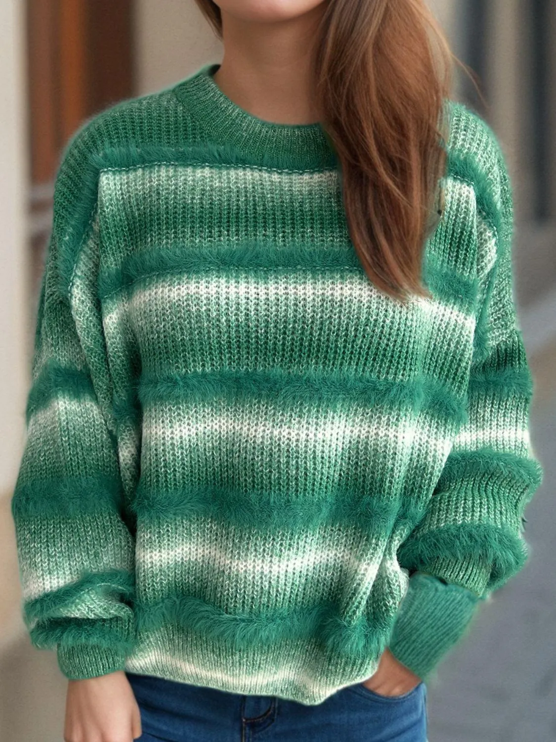 Gradient Striped Sweater Round Neck Dropped Shoulder Pullover