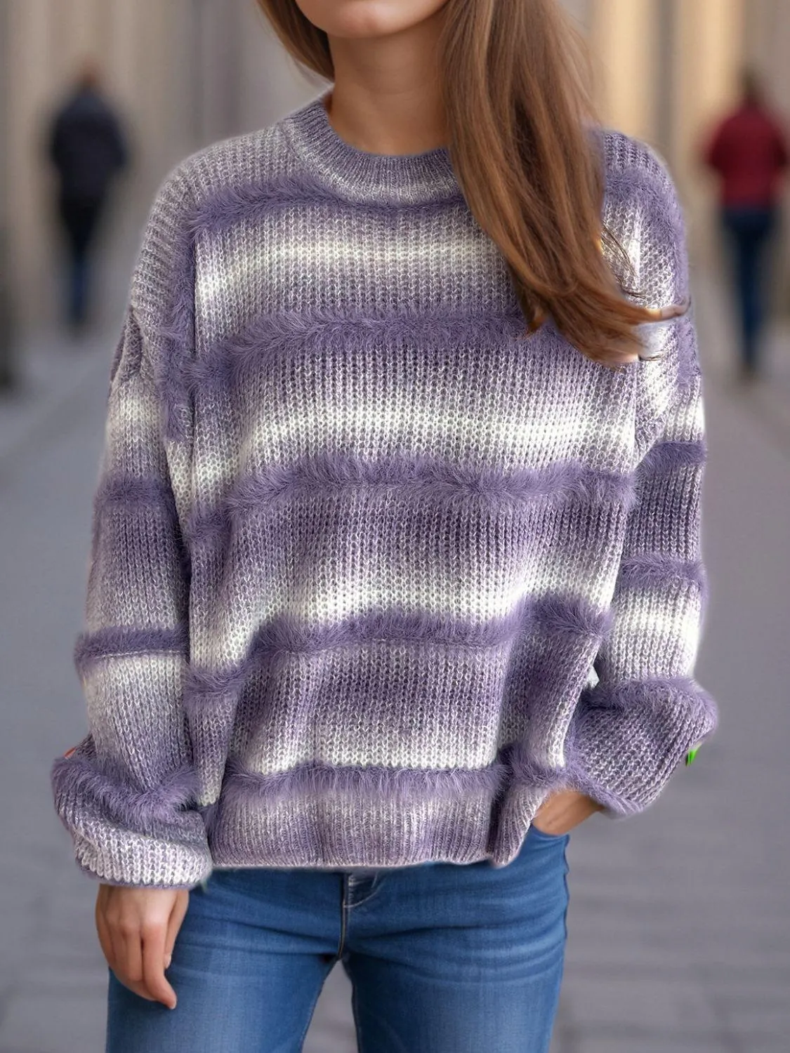 Gradient Striped Sweater Round Neck Dropped Shoulder Pullover