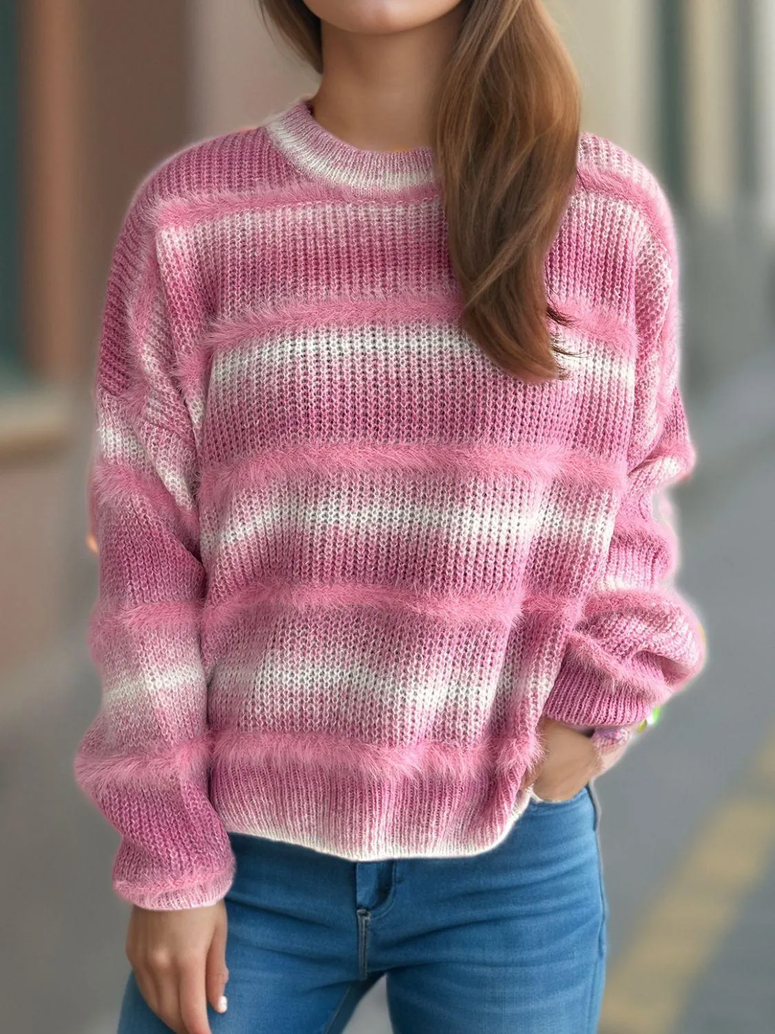Gradient Striped Sweater Round Neck Dropped Shoulder Pullover