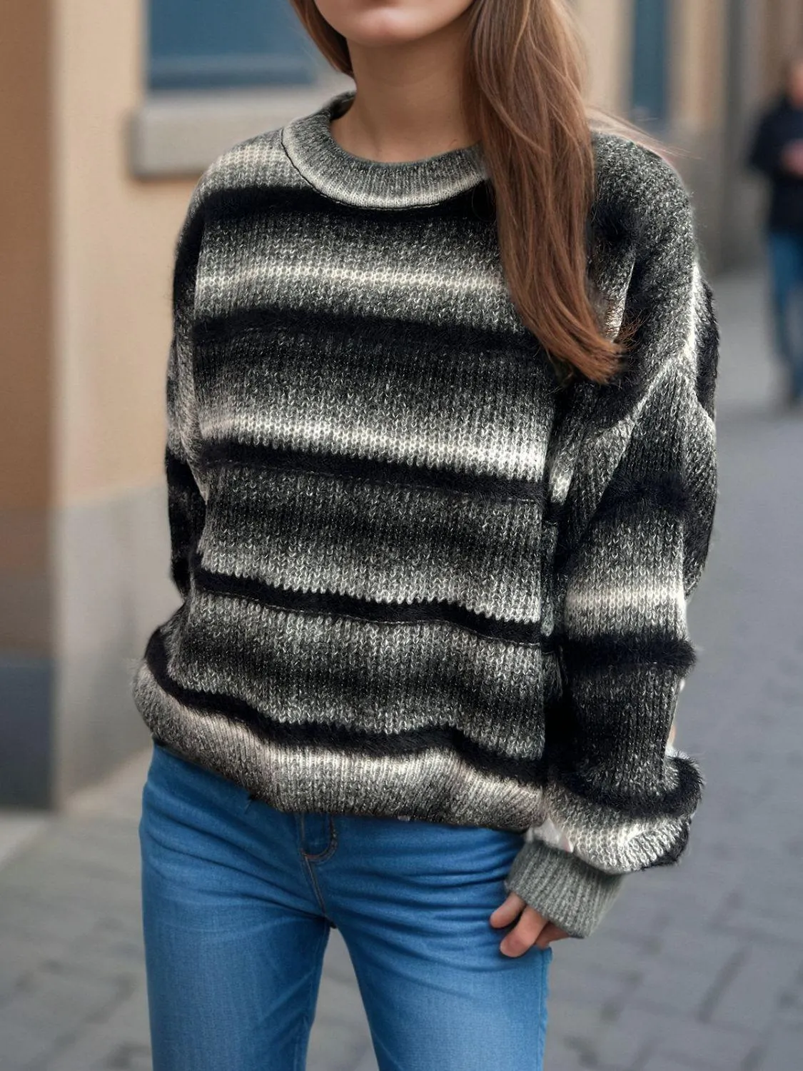 Gradient Striped Sweater Round Neck Dropped Shoulder Pullover