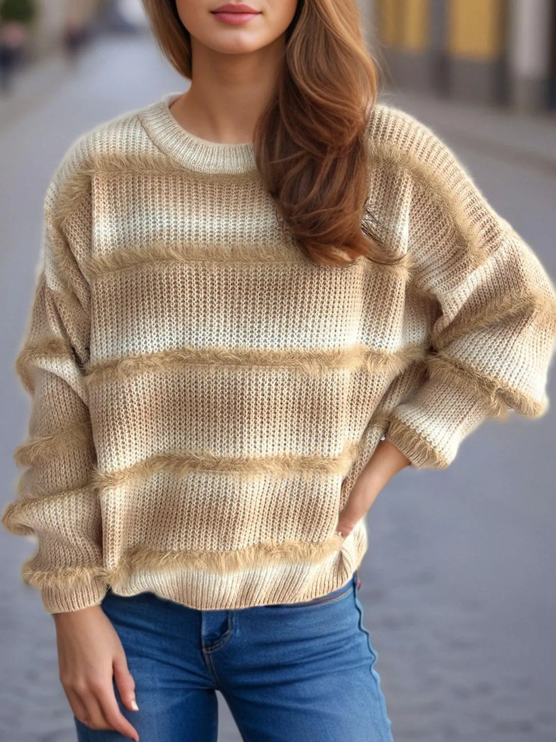 Gradient Striped Sweater Round Neck Dropped Shoulder Pullover
