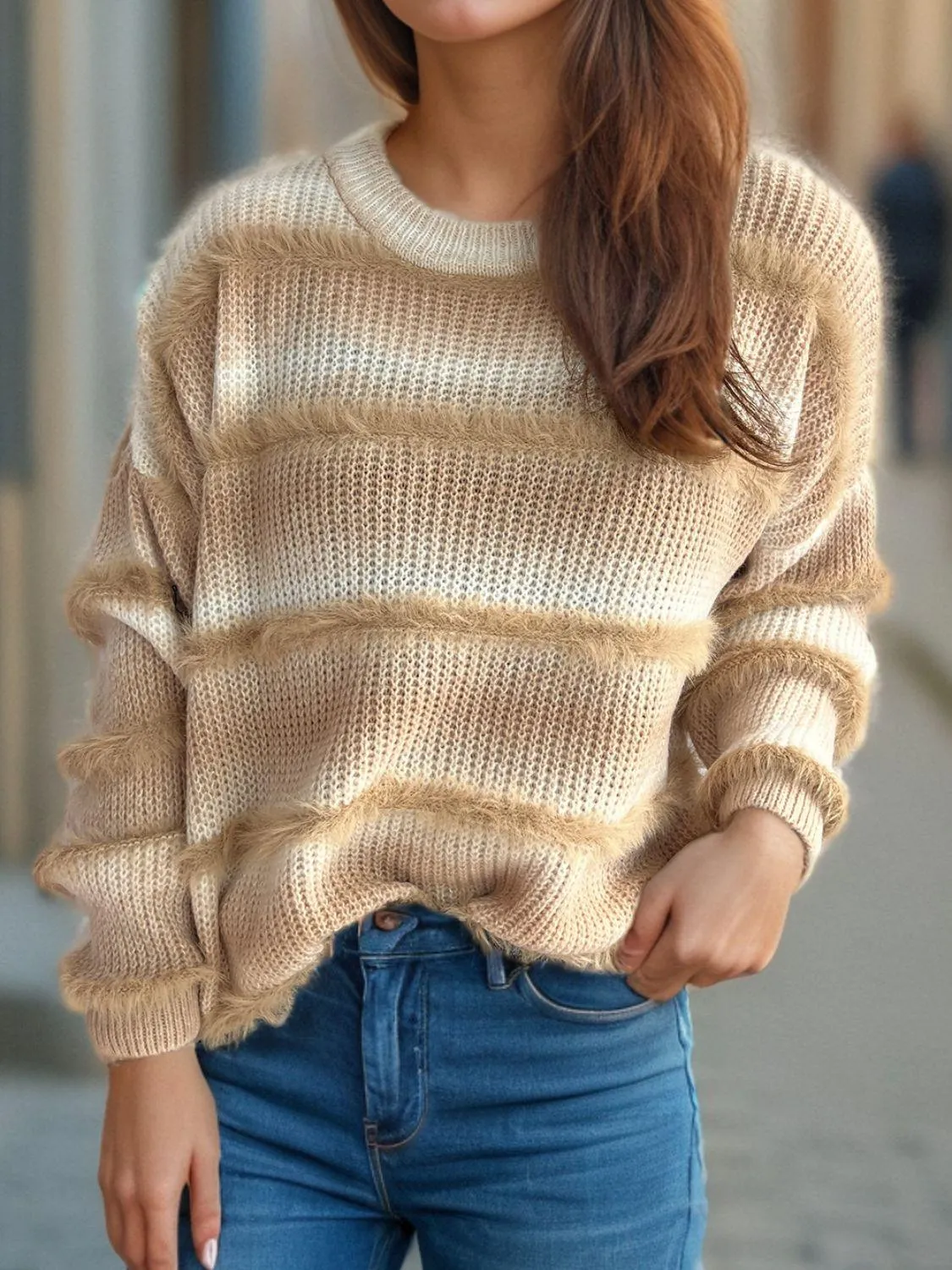 Gradient Striped Sweater Round Neck Dropped Shoulder Pullover
