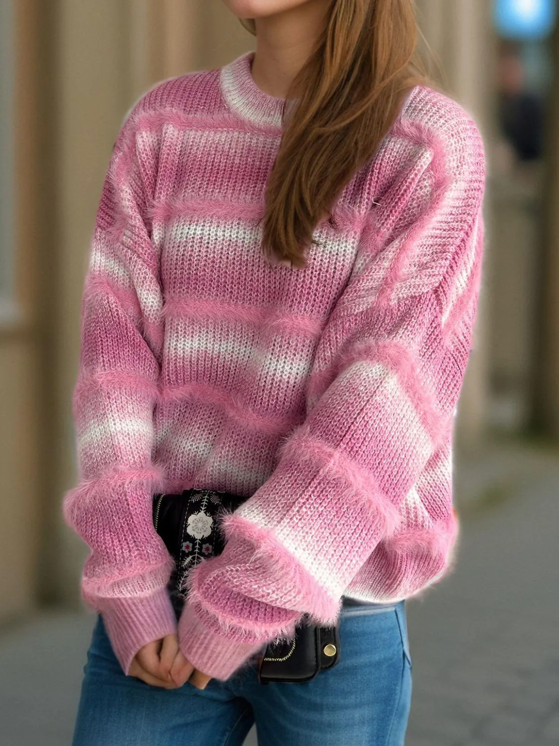 Gradient Striped Sweater Round Neck Dropped Shoulder Pullover