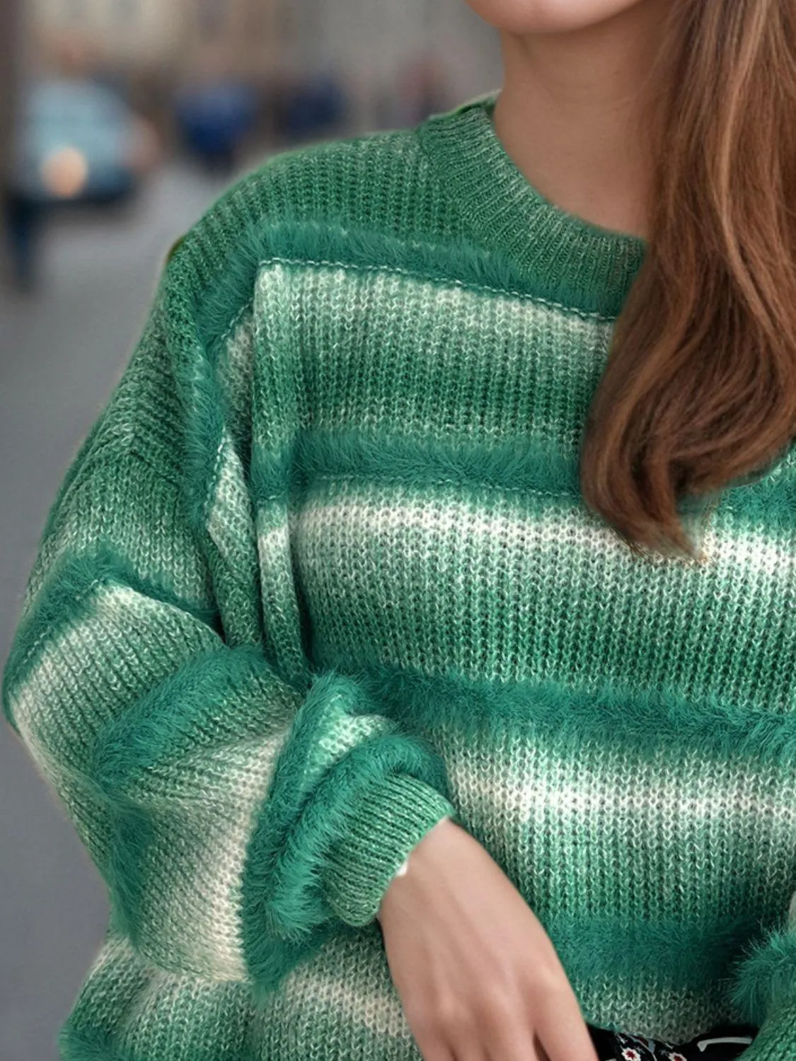 Gradient Striped Sweater Round Neck Dropped Shoulder Pullover