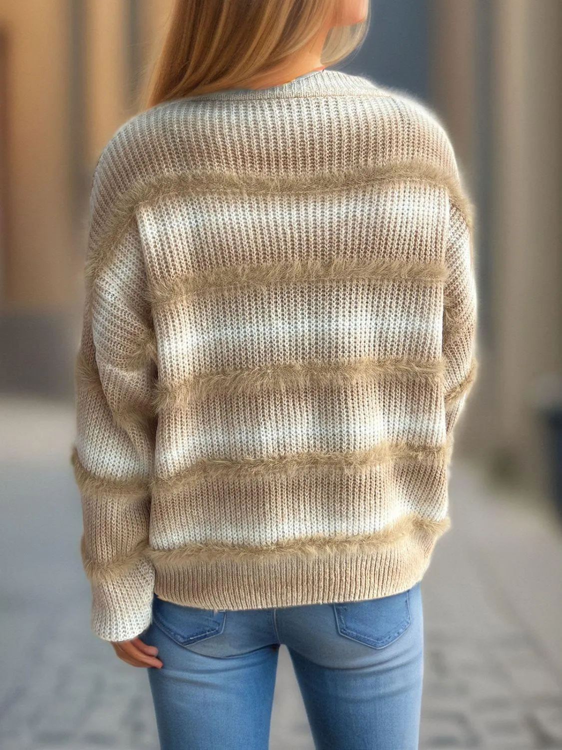 Gradient Striped Sweater Round Neck Dropped Shoulder Pullover