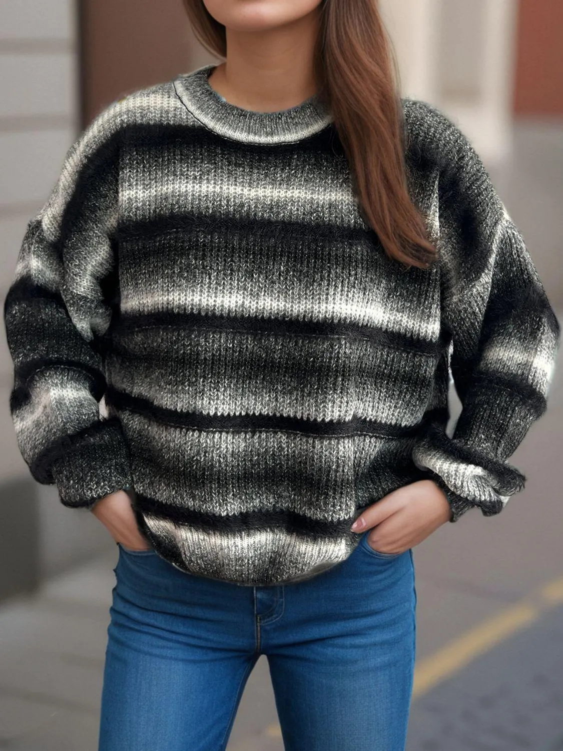 Gradient Striped Sweater Round Neck Dropped Shoulder Pullover