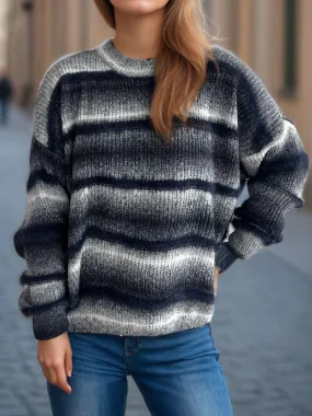 Gradient Striped Sweater Round Neck Dropped Shoulder Pullover
