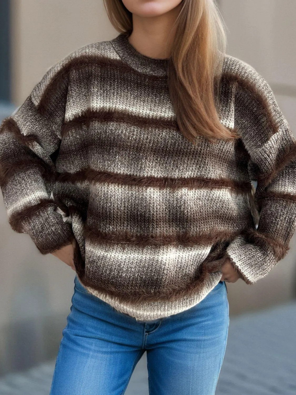 Gradient Striped Sweater Round Neck Dropped Shoulder Pullover