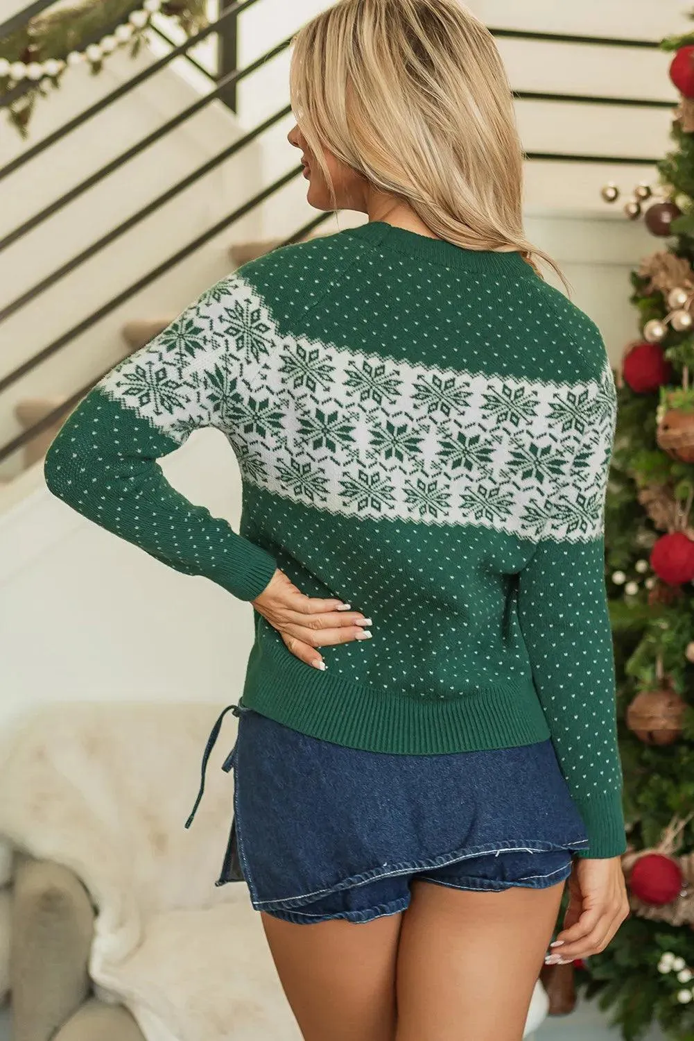 Green Sweater Christmas Graphic Round Neck Long Sleeve Pullover