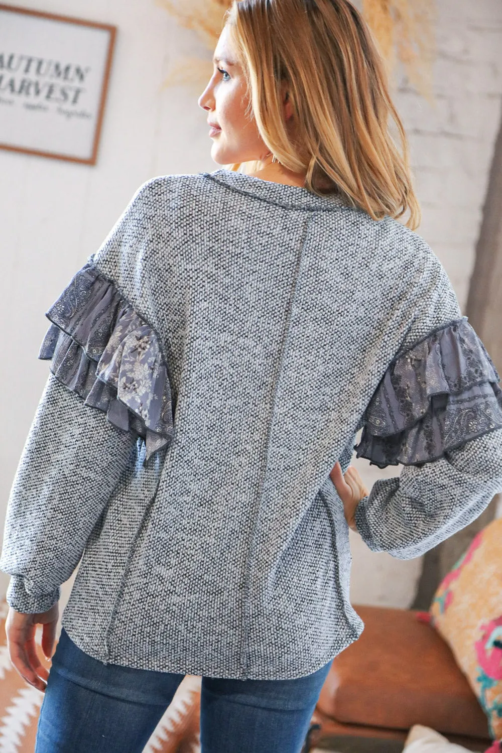Grey Two Tone Woven Ruffle Outseam Detail Sweater