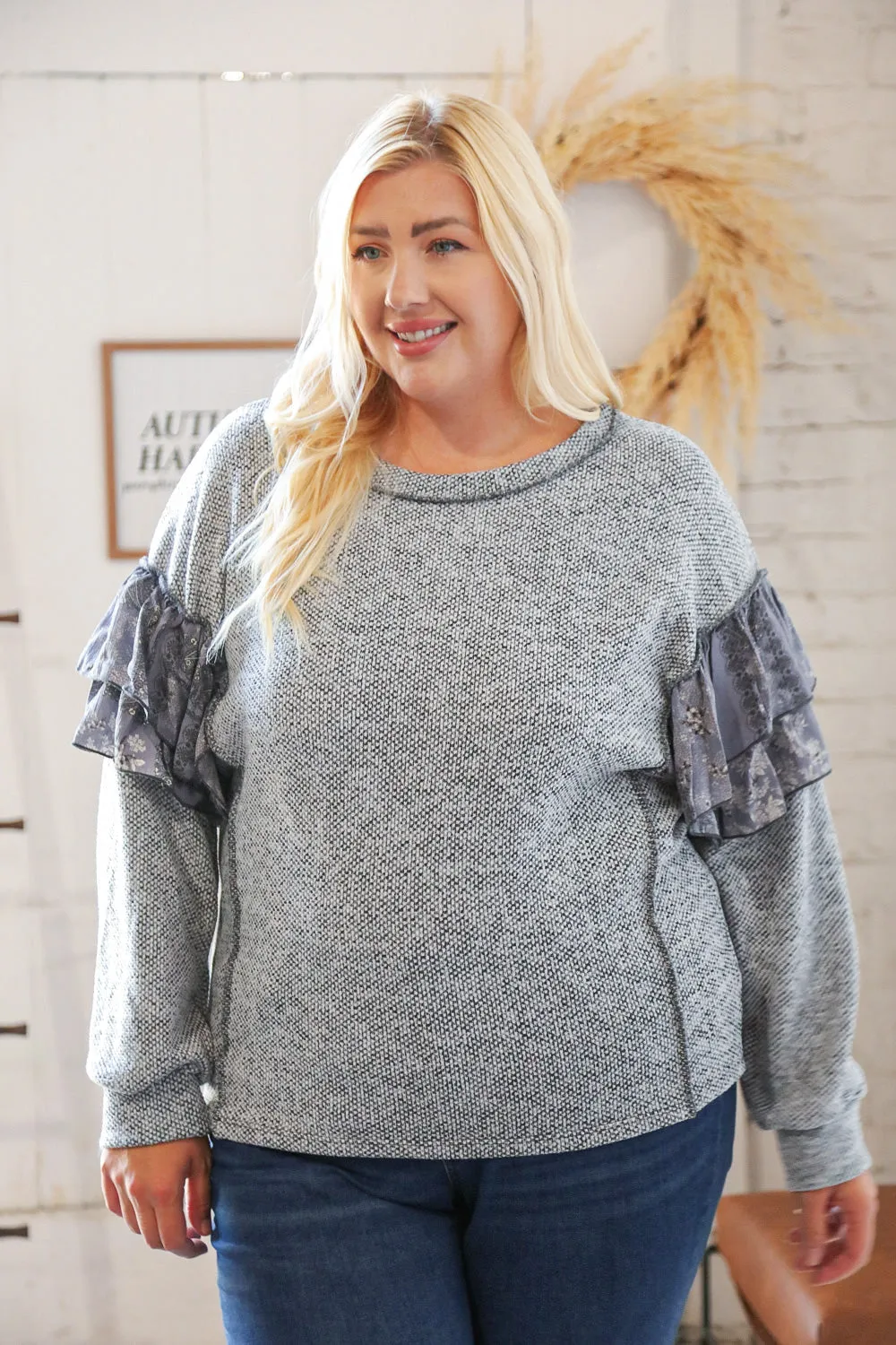 Grey Two Tone Woven Ruffle Outseam Detail Sweater
