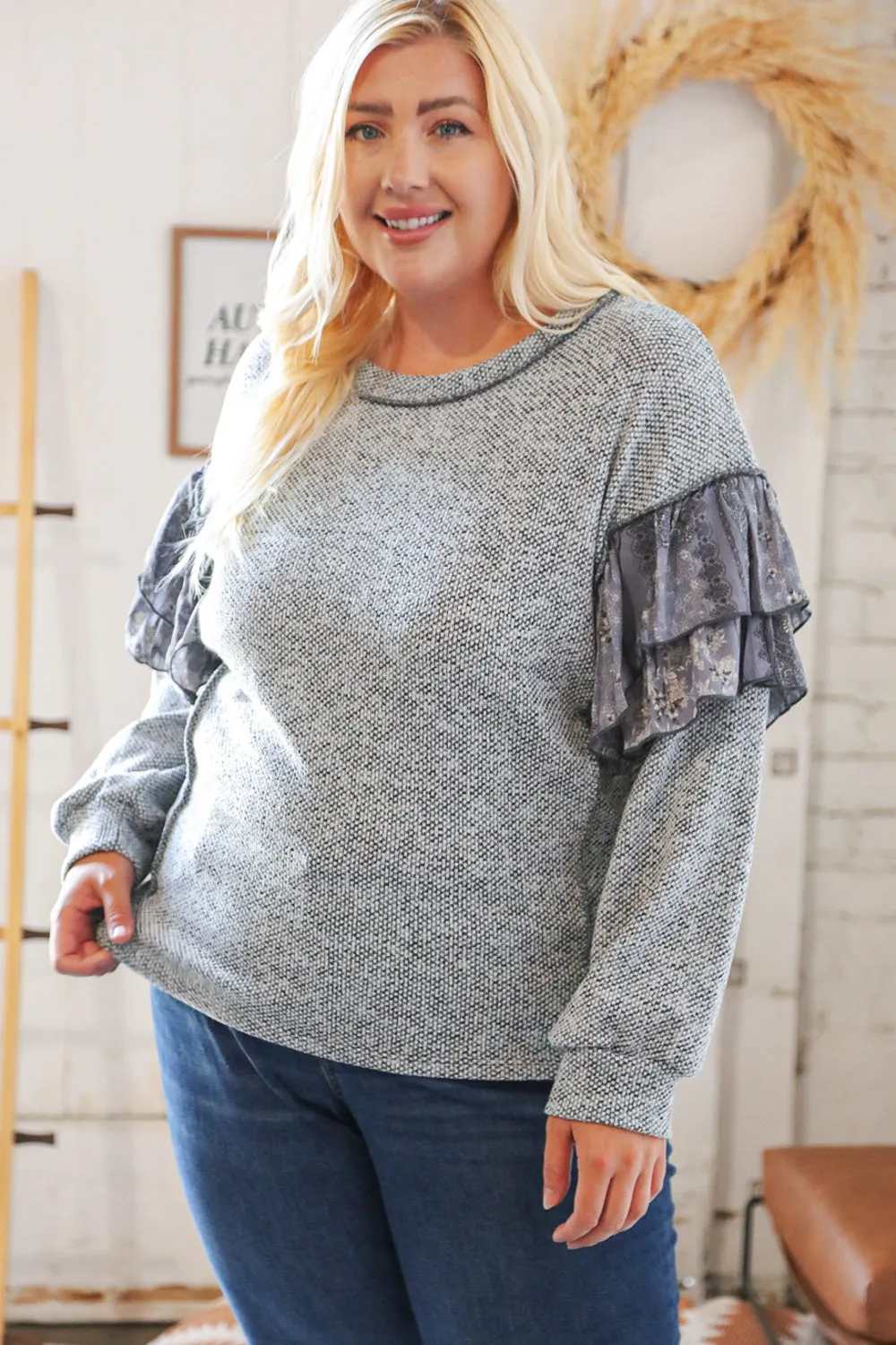 Grey Two Tone Woven Ruffle Outseam Detail Sweater