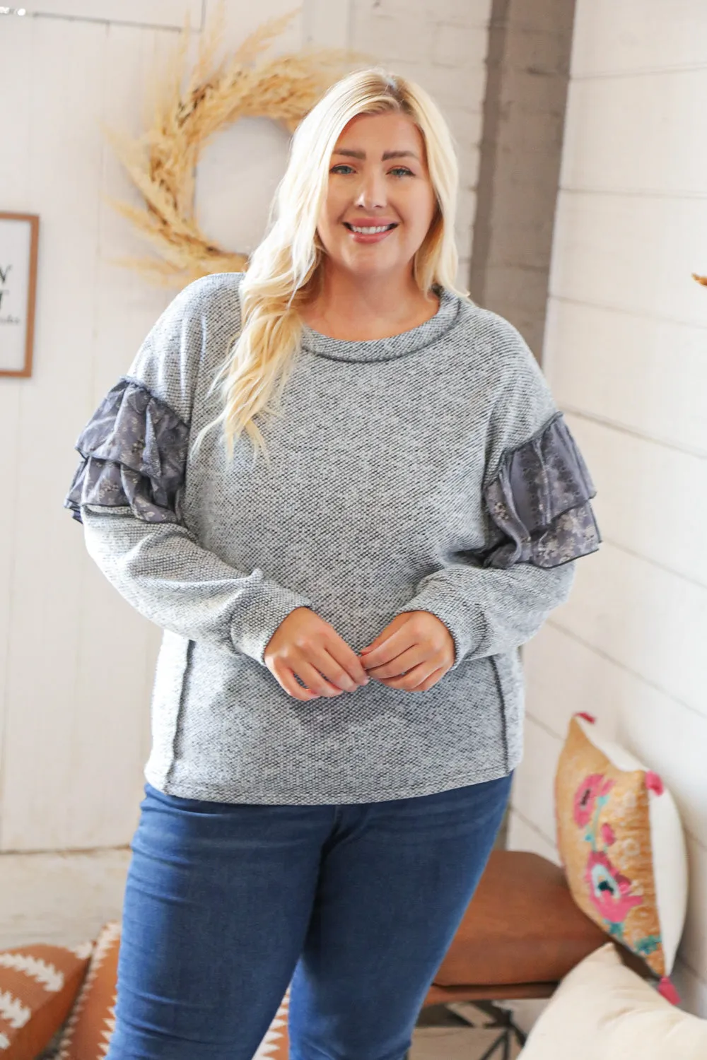 Grey Two Tone Woven Ruffle Outseam Detail Sweater
