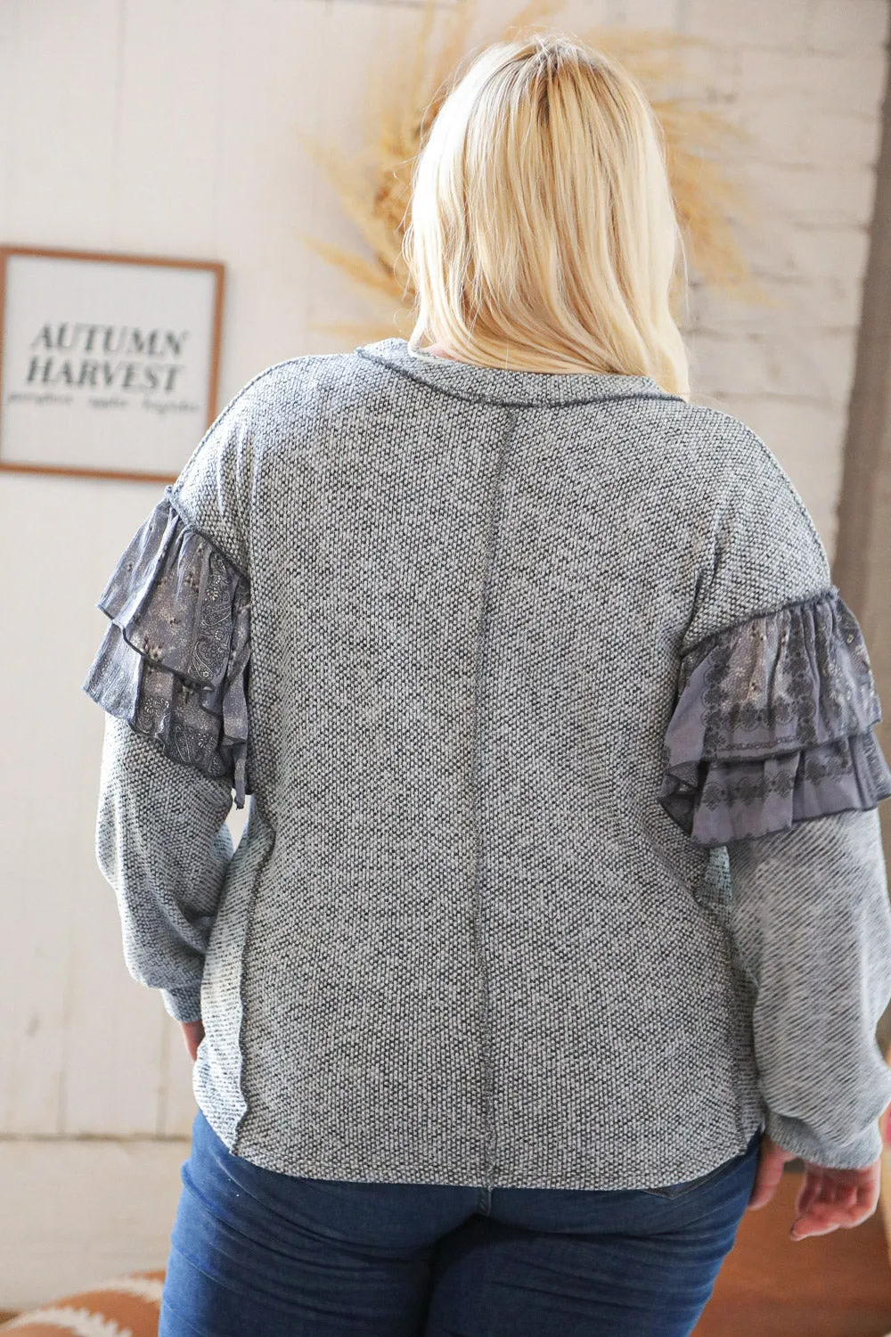 Grey Two Tone Woven Ruffle Outseam Detail Sweater