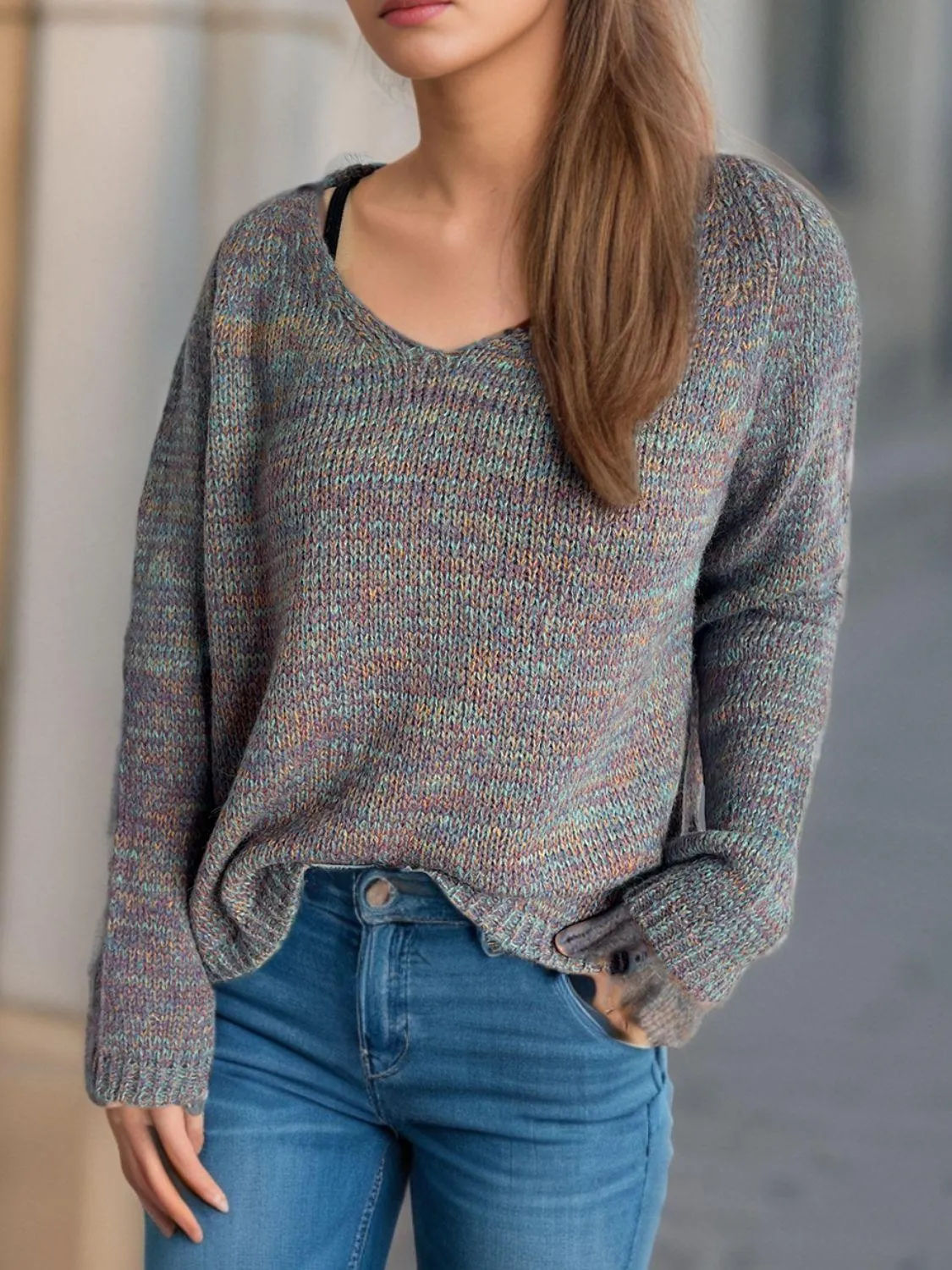 Heathered Colorful Sweater V-Neck Long Sleeve Basic Style Pullover