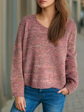 Heathered Colorful Sweater V-Neck Long Sleeve Basic Style Pullover