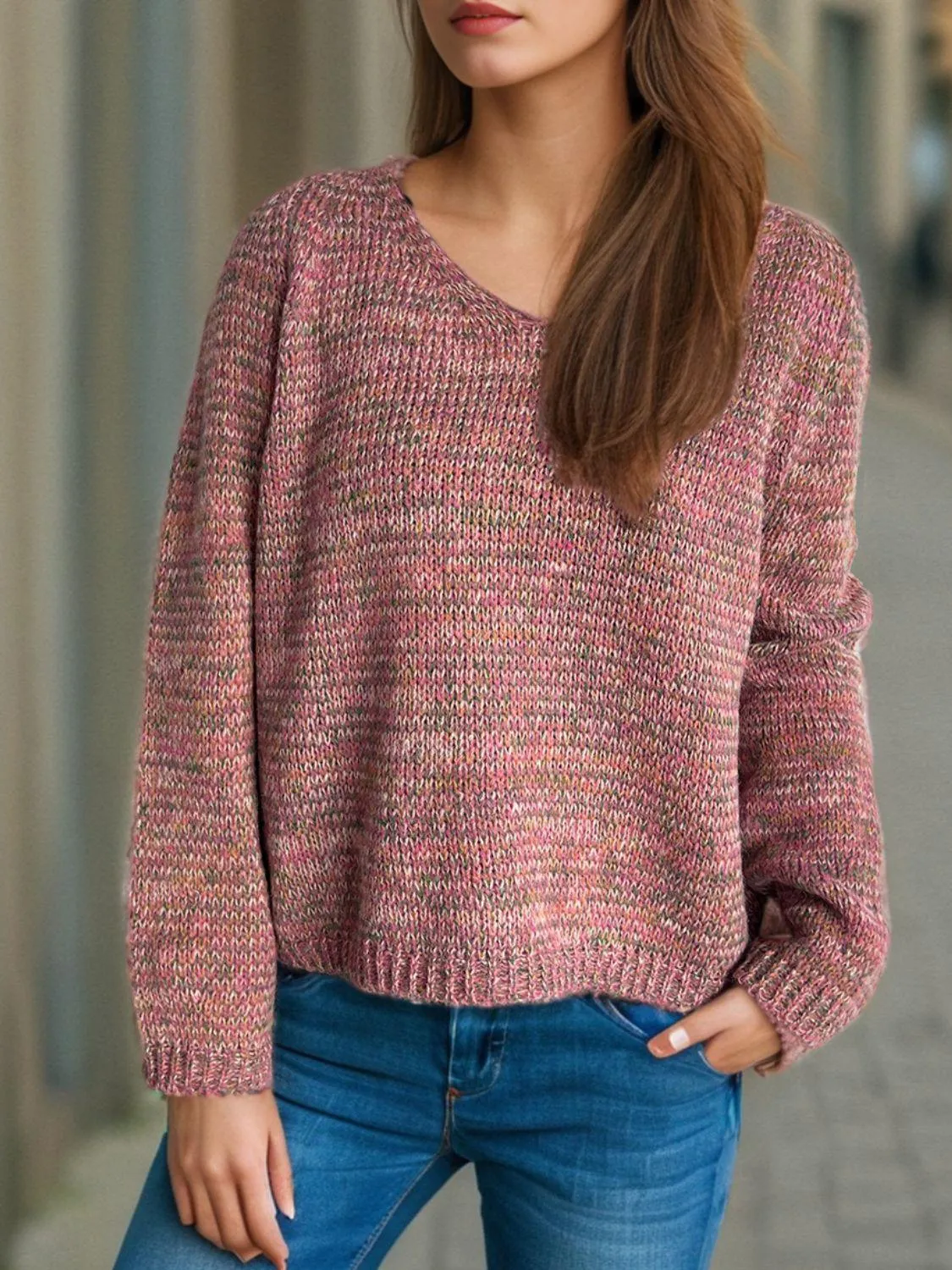 Heathered Colorful Sweater V-Neck Long Sleeve Basic Style Pullover