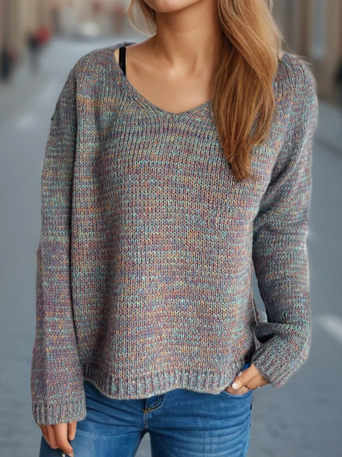 Heathered Colorful Sweater V-Neck Long Sleeve Basic Style Pullover