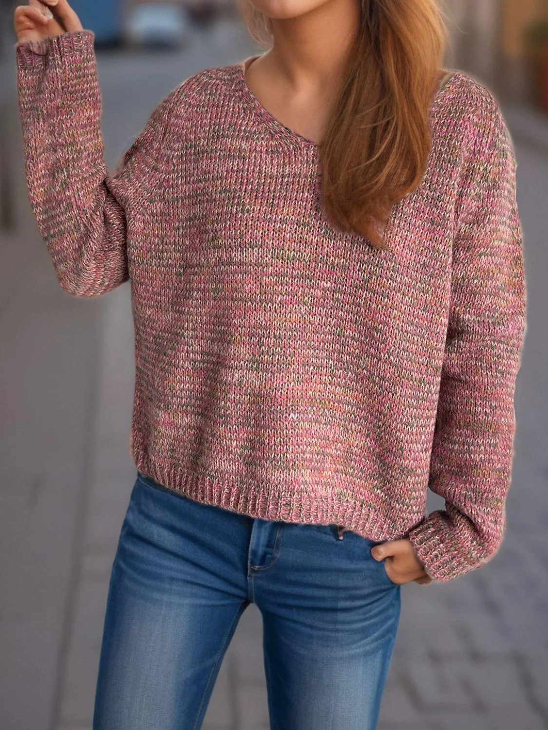 Heathered Colorful Sweater V-Neck Long Sleeve Basic Style Pullover
