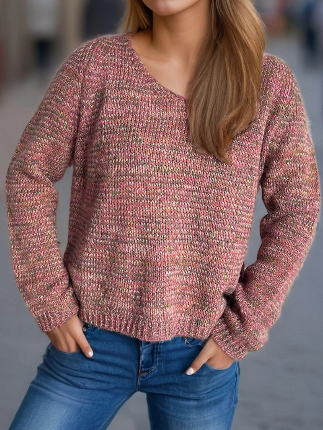 Heathered Colorful Sweater V-Neck Long Sleeve Basic Style Pullover