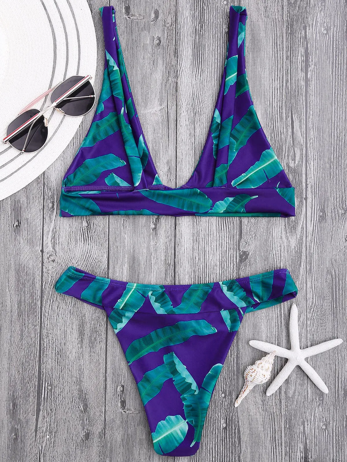High Cut Banana Leaf Plunge Bikini Set