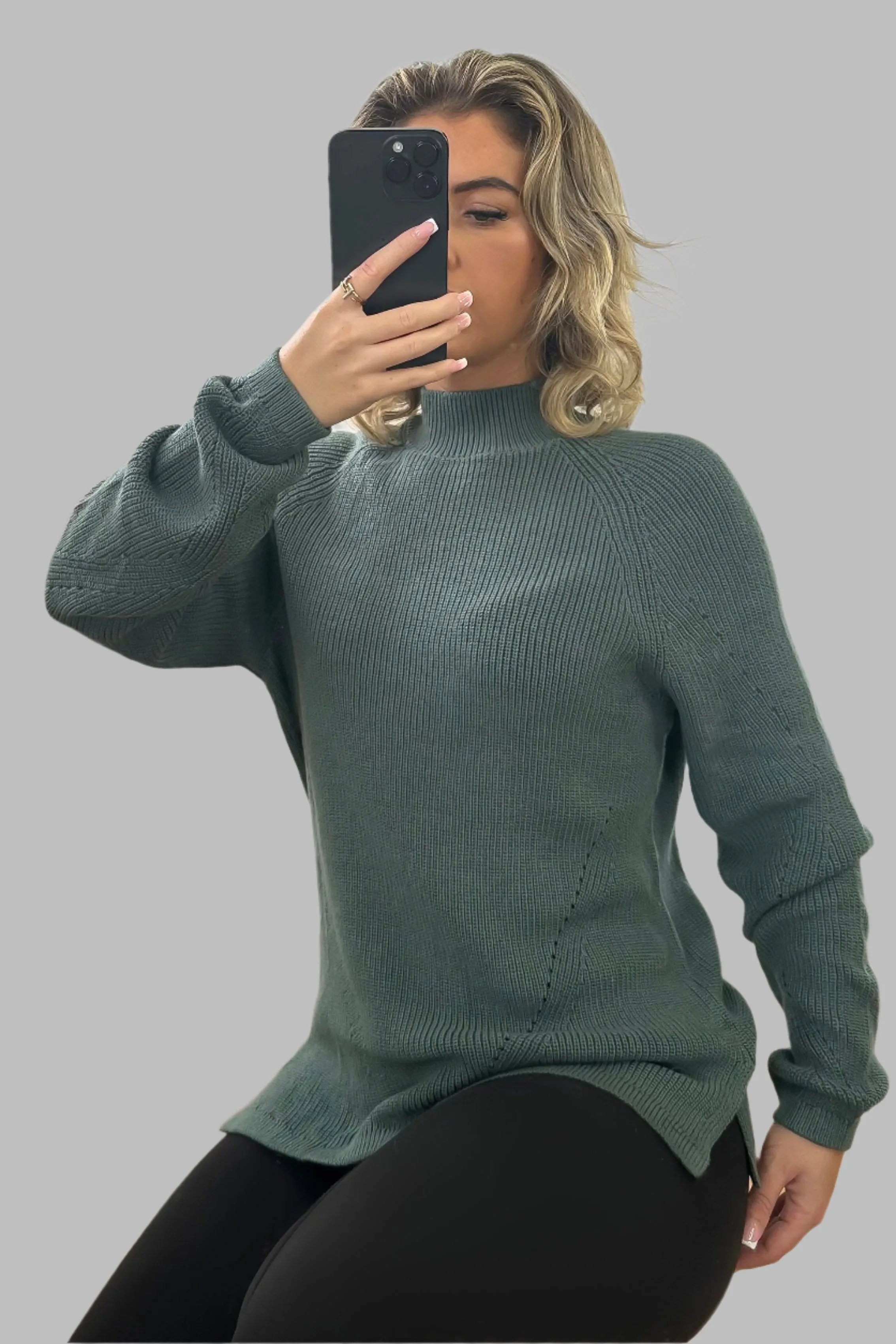 High Neck Perforated Detail Pullover