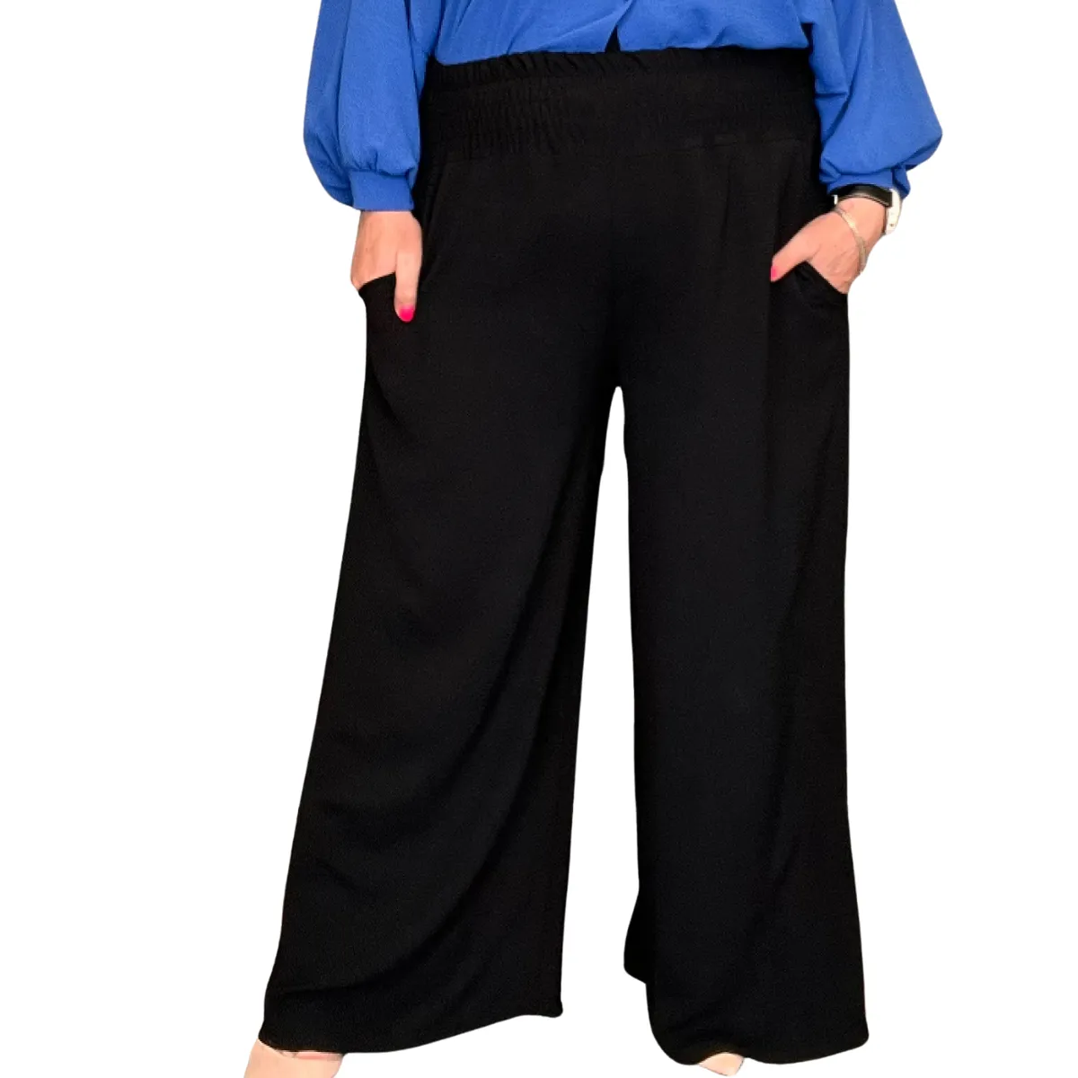HIGH SMOCK WAIST WIDE LEG TROUSERS WITH POCKETS