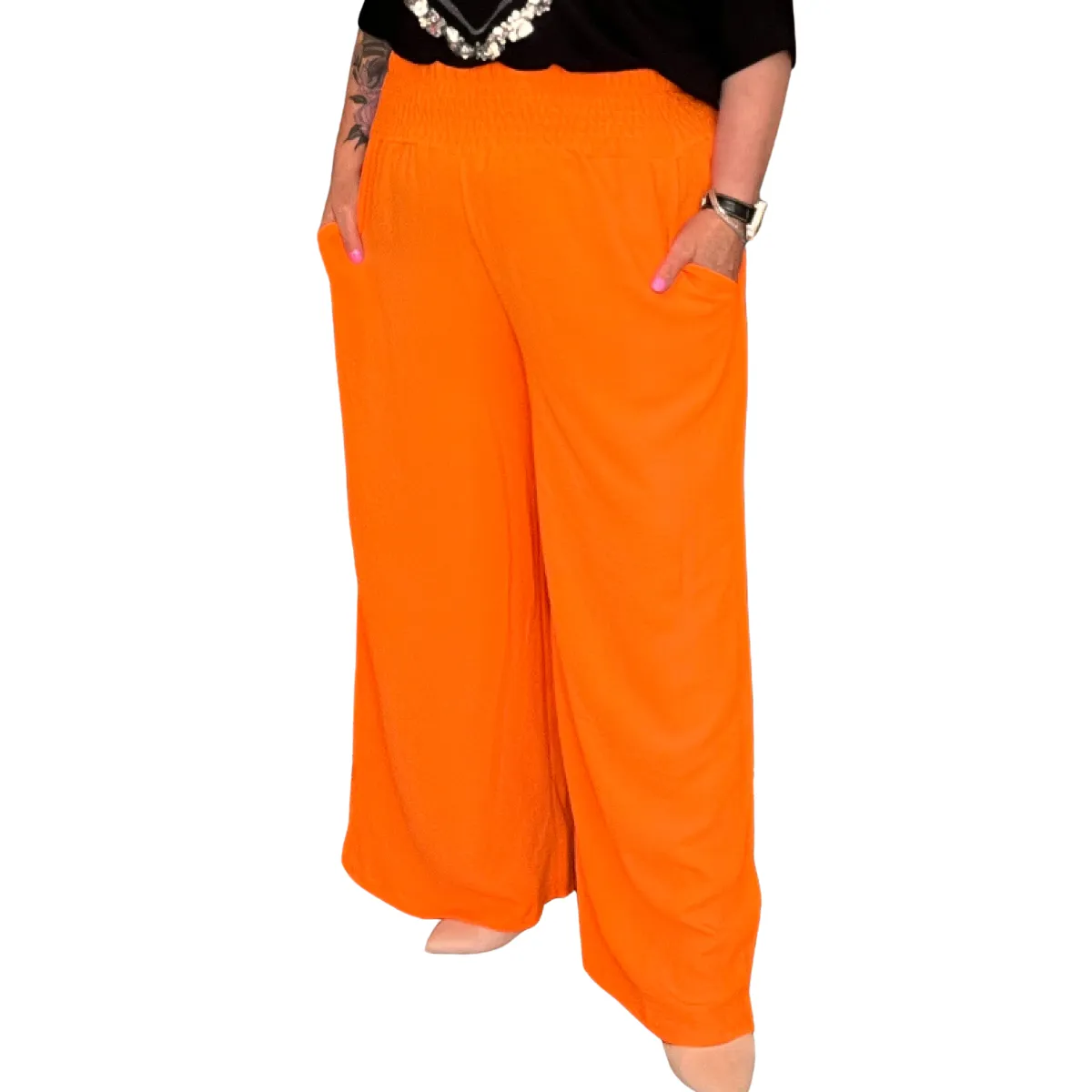HIGH SMOCK WAIST WIDE LEG TROUSERS WITH POCKETS