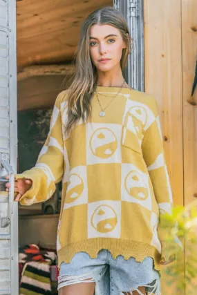 Hot Girl And The Why Checkerboard Yin Yang Sweater In Mustard