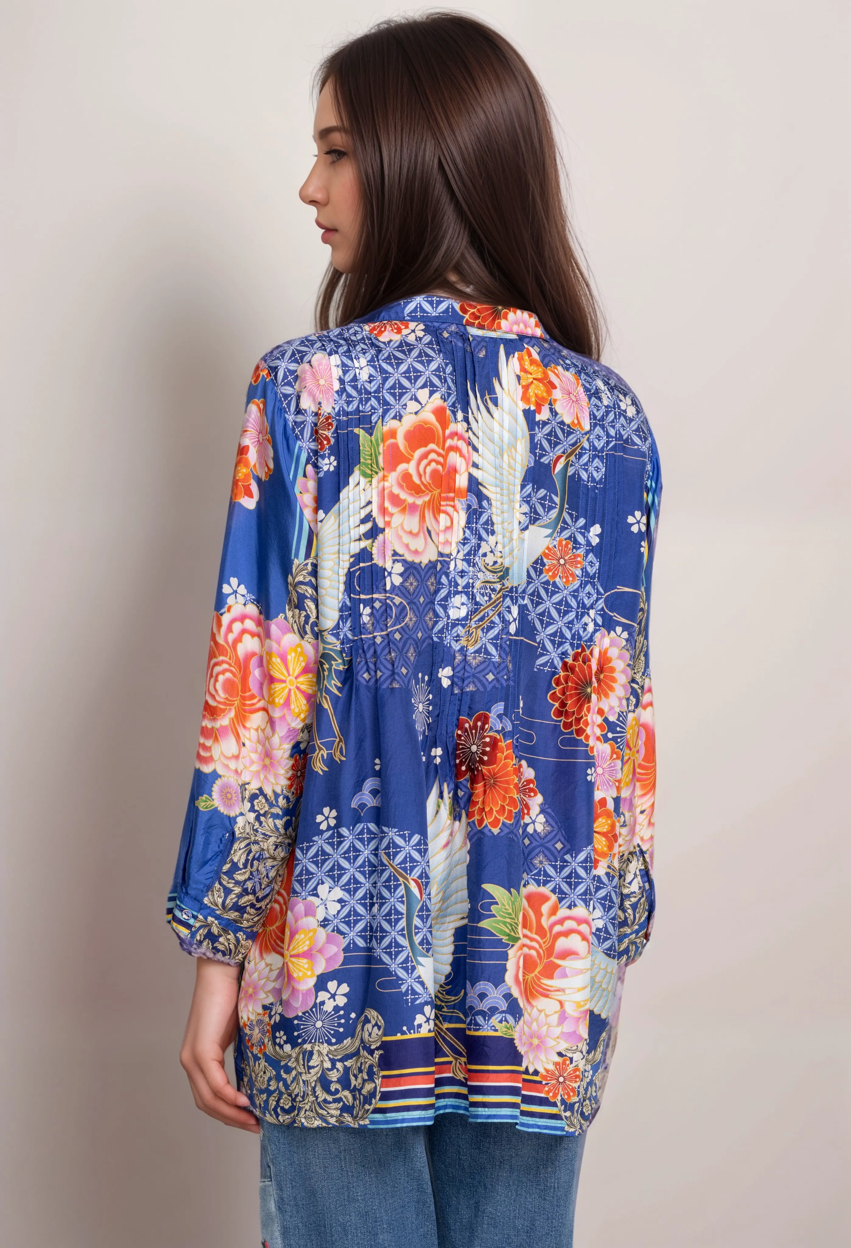 Johnny Was Pajaro Coddi Silk Blue Floral  Tunic Top  C27523