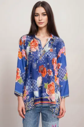 Johnny Was Pajaro Coddi Silk Blue Floral  Tunic Top  C27523