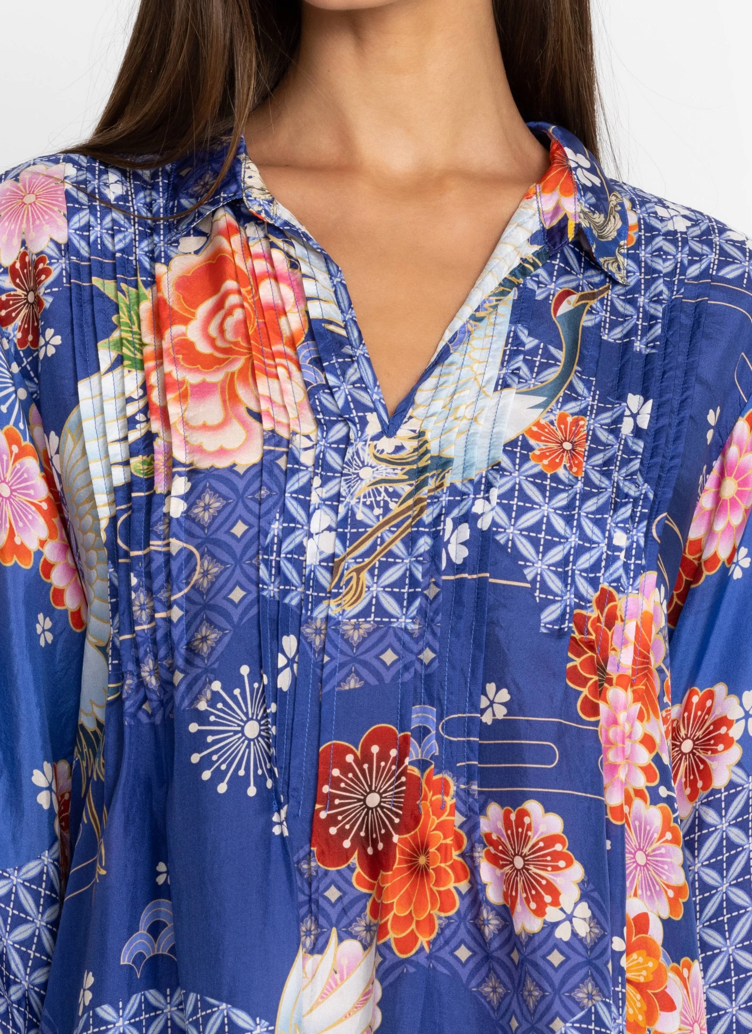 Johnny Was Pajaro Coddi Silk Blue Floral  Tunic Top  C27523