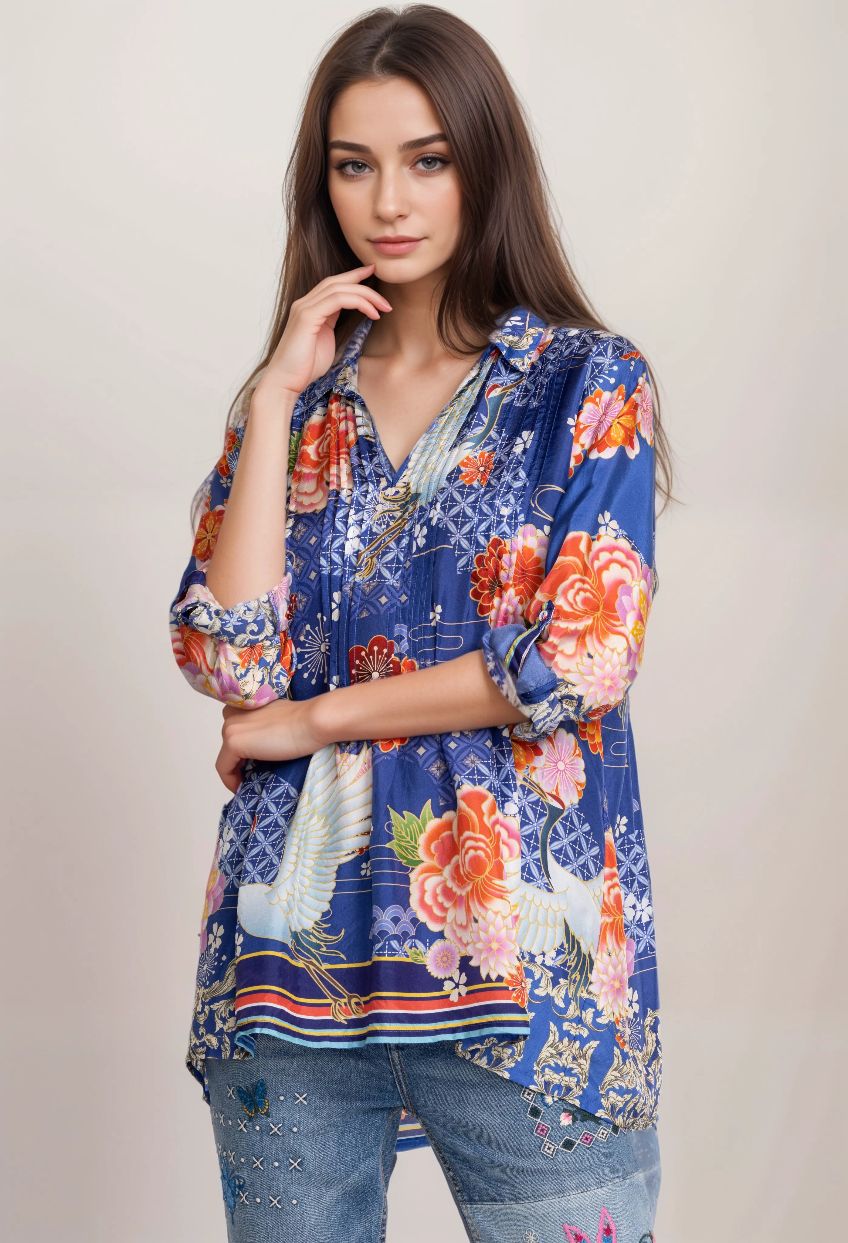 Johnny Was Pajaro Coddi Silk Blue Floral  Tunic Top  C27523