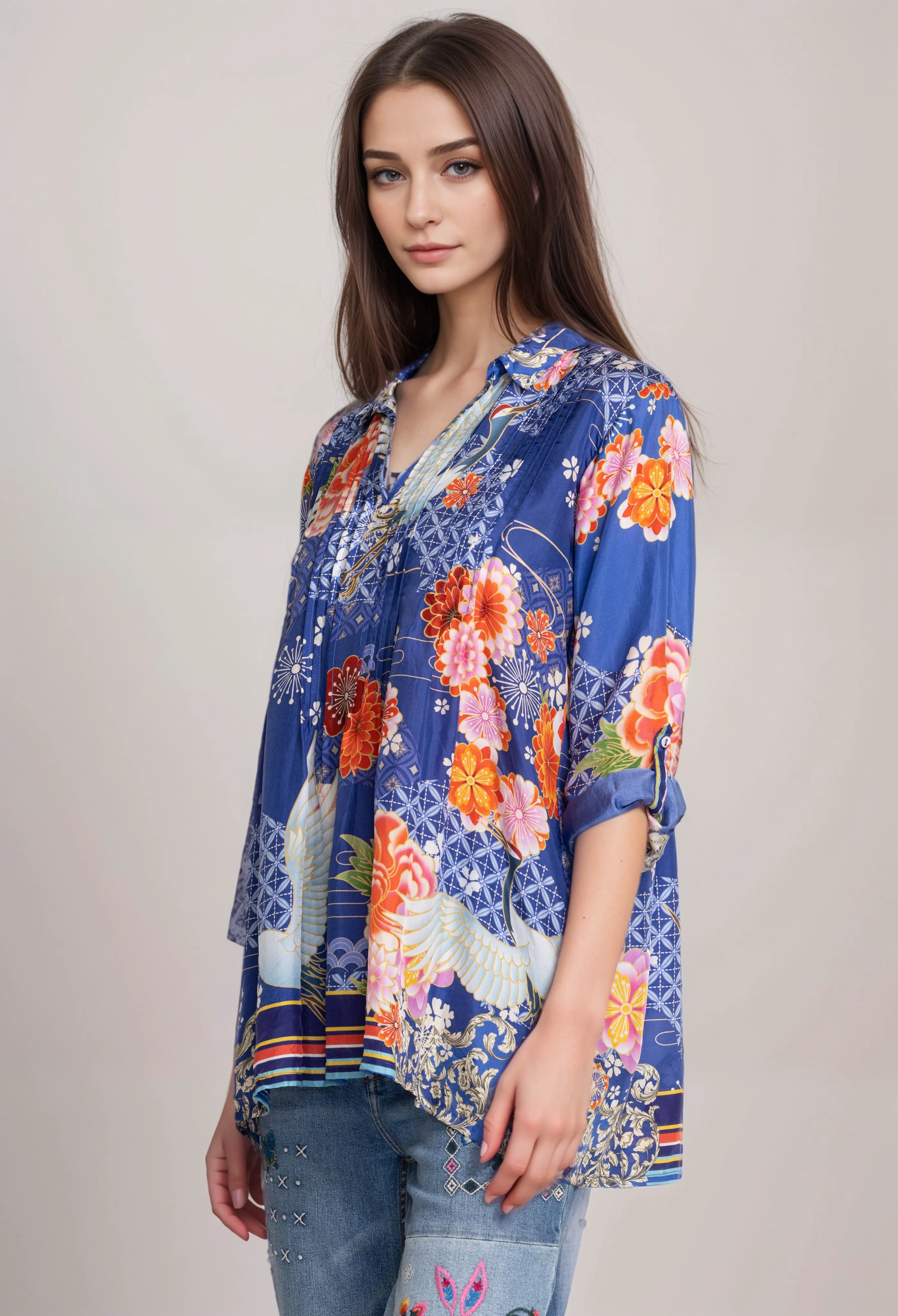 Johnny Was Pajaro Coddi Silk Blue Floral  Tunic Top  C27523