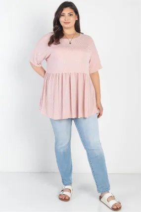 Junior Plus Blush Ribbed Trim Detail Short Sleeve Flare Hem Top /2-2-1