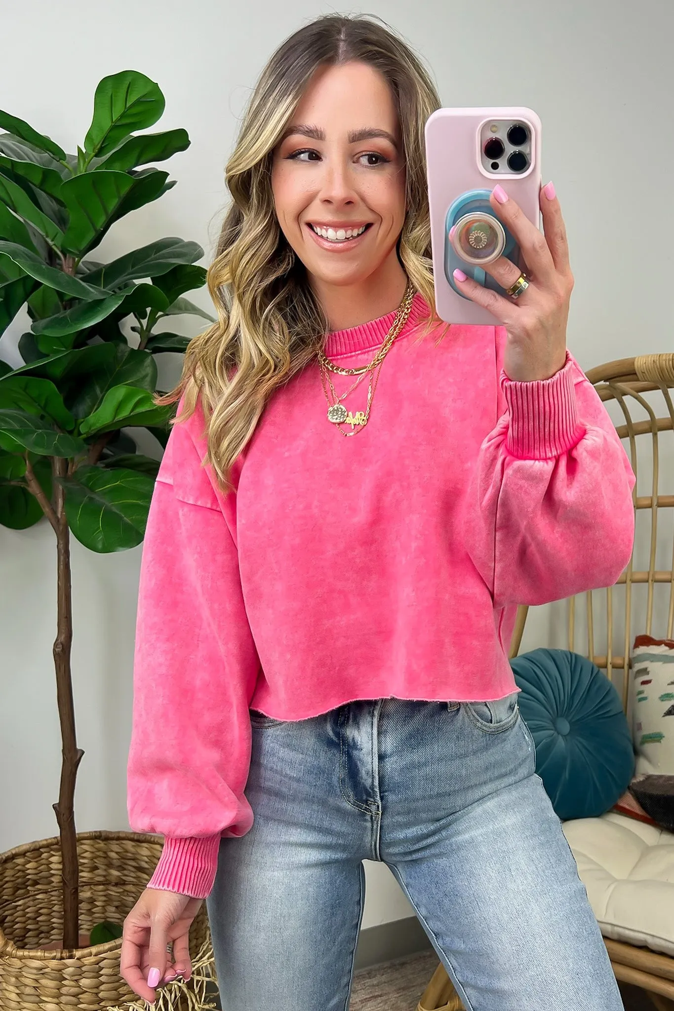Kerie Acid Wash Fleece Cropped Pullover