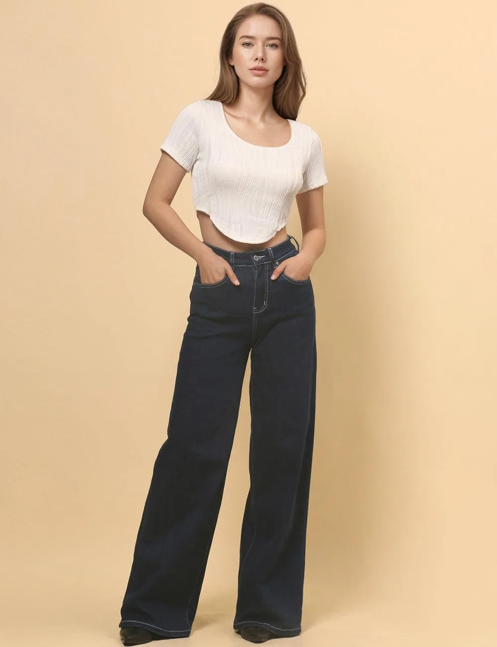 Ladies Crop Top Wave Tee Wrinkle Short Sleeves Pullover SKT4855