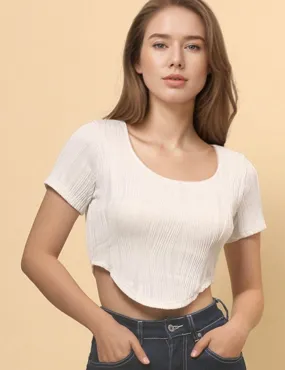 Ladies Crop Top Wave Tee Wrinkle Short Sleeves Pullover SKT4855