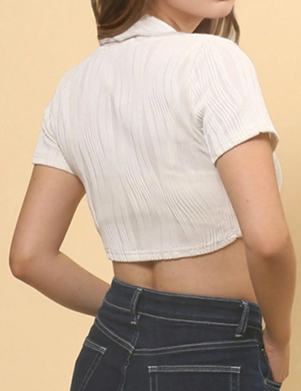 Ladies Crop Top Wave Tee Wrinkle Short Sleeves Pullover SKT4855