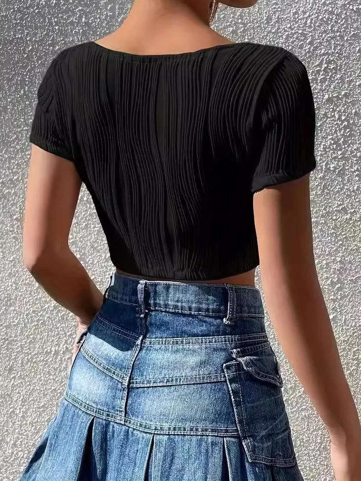Ladies Crop Top Wave Tee Wrinkle Short Sleeves Pullover SKT4855
