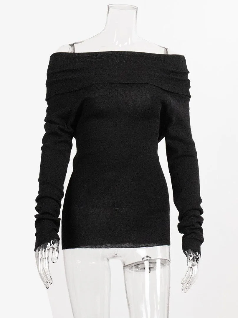 Ladies Solid Color Knit Off Shoulder Pullover Blouse SKT4854