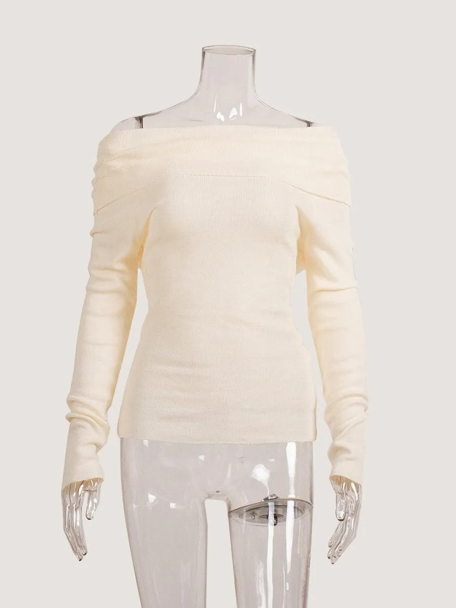 Ladies Solid Color Knit Off Shoulder Pullover Blouse SKT4854