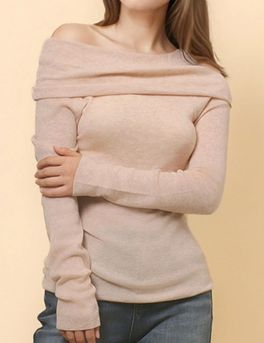 Ladies Solid Color Knit Off Shoulder Pullover Blouse SKT4854