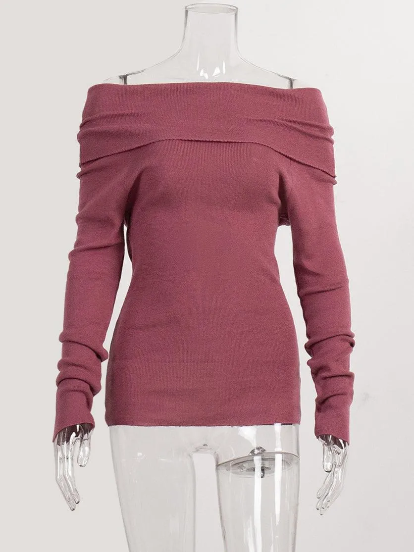 Ladies Solid Color Knit Off Shoulder Pullover Blouse SKT4854