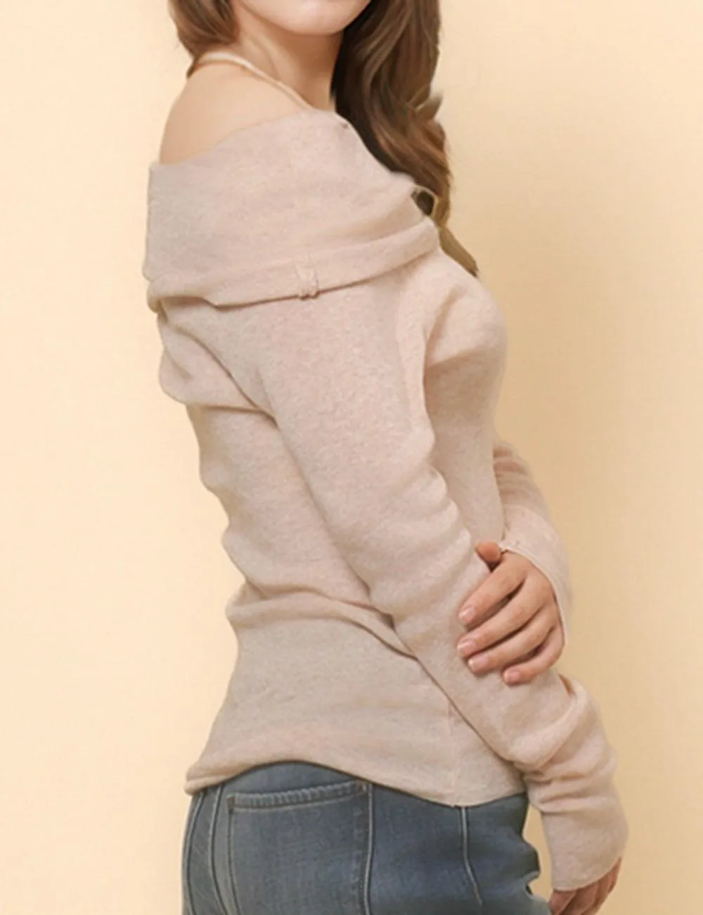 Ladies Solid Color Knit Off Shoulder Pullover Blouse SKT4854
