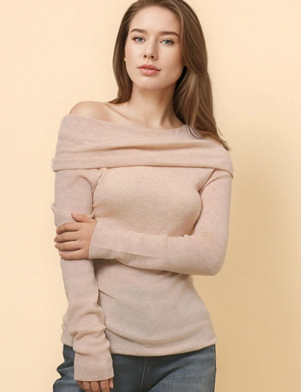 Ladies Solid Color Knit Off Shoulder Pullover Blouse SKT4854