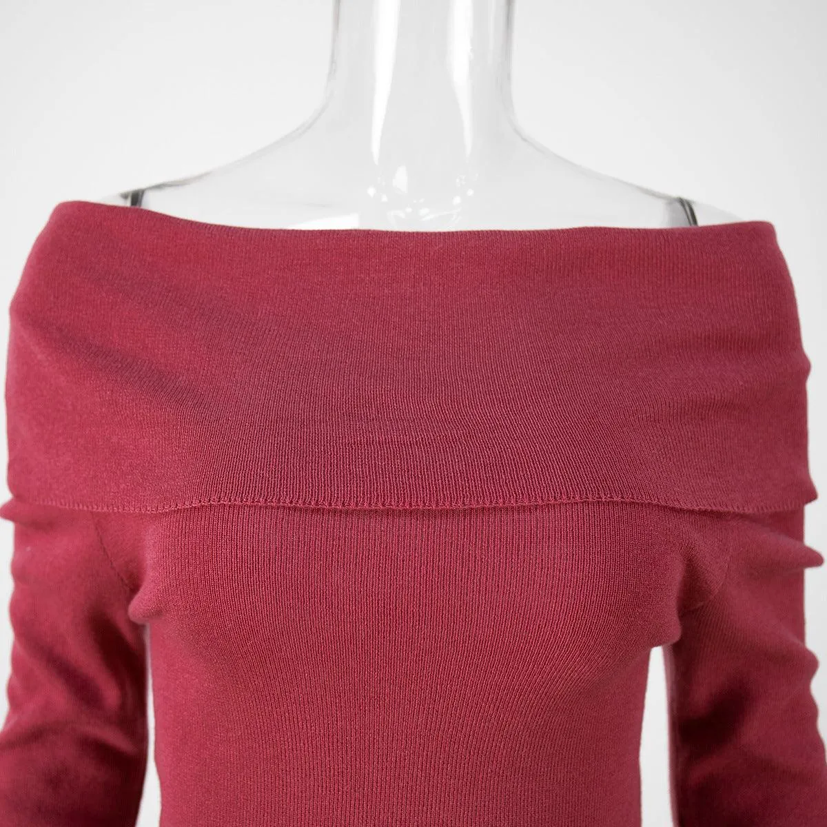 Ladies Solid Color Knit Off Shoulder Pullover Blouse SKT4854