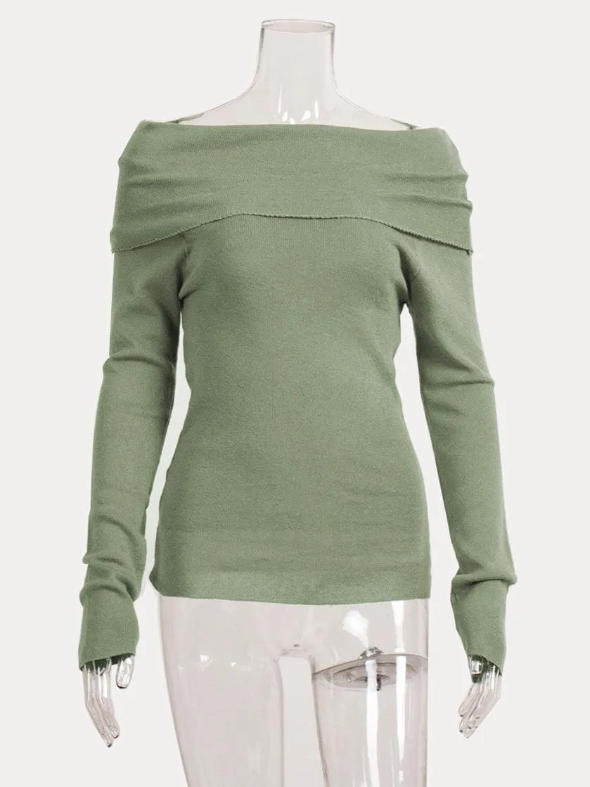 Ladies Solid Color Knit Off Shoulder Pullover Blouse SKT4854