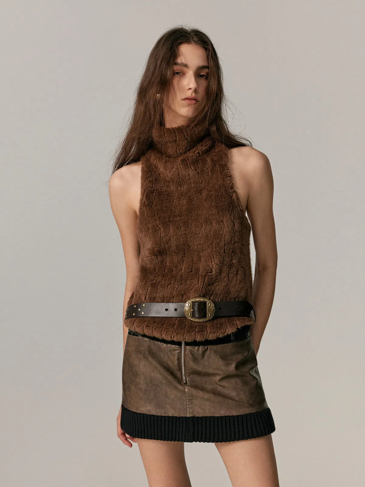Leather&Knit Nichi Trapezoid Vintage Mini-Skirt