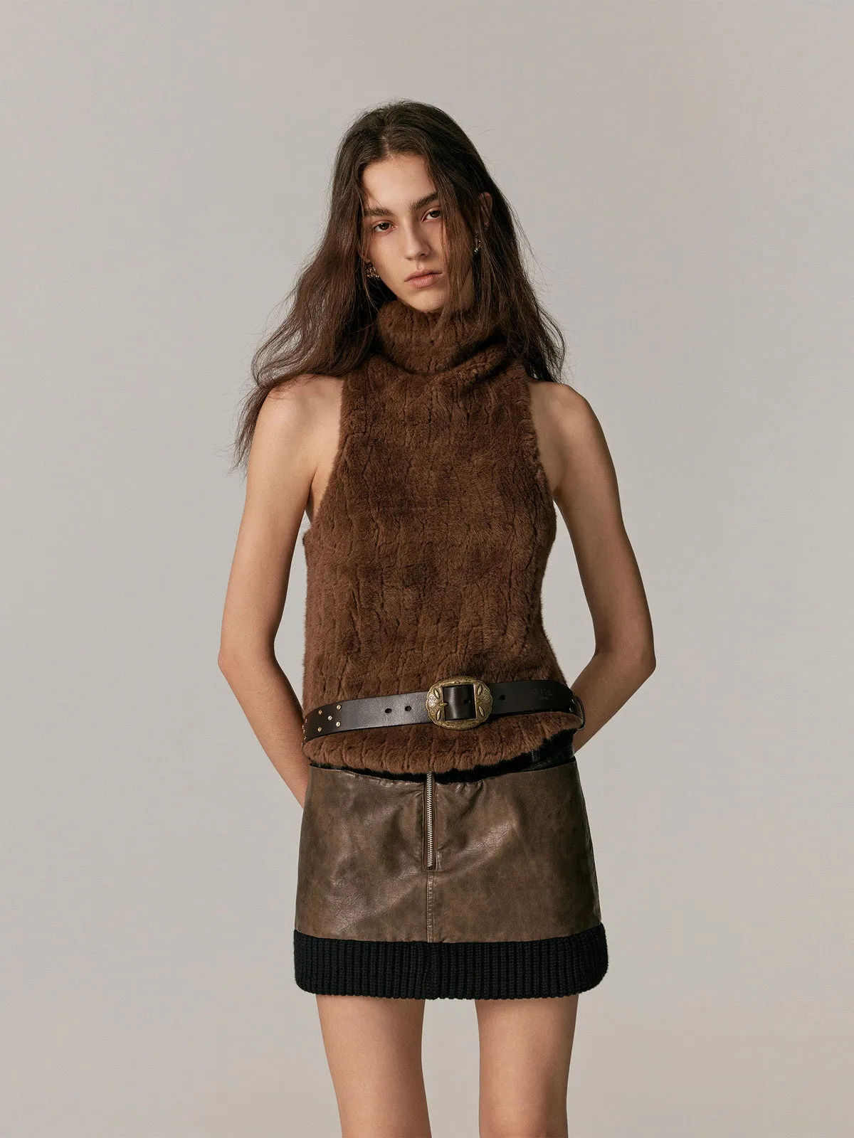 Leather&Knit Nichi Trapezoid Vintage Mini-Skirt
